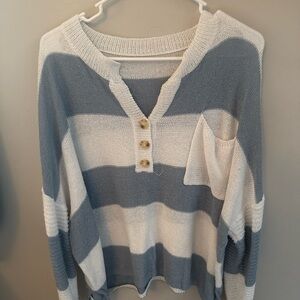 SHEIN Blue and White V-Neck Sweater